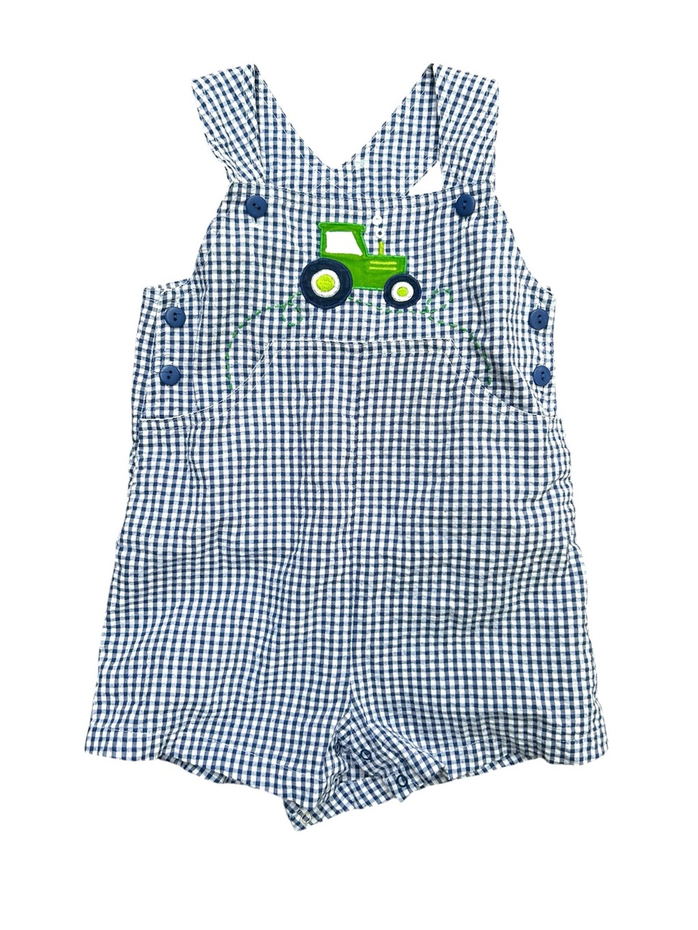 Toddler Blue Gingham‎ Green Tractor Shortalls 24 Months Zu by Petit Ami